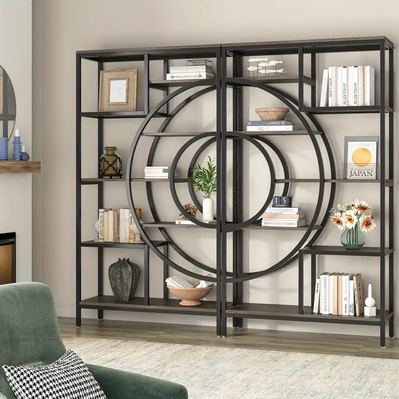 Industrial geometric 8-tier bookcase with metal frame, showcasing decor and books in a stylish home setting; quality affordable value furniture.