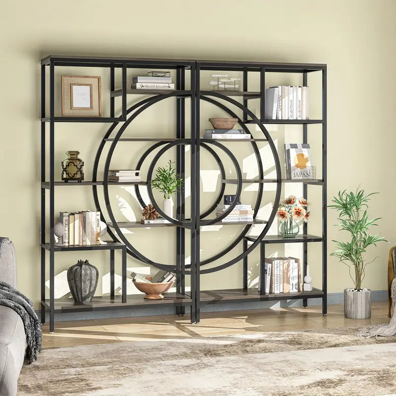 Stylish 8-tier 71-inch industrial geometric bookcase with metal frame, decorative items, and books, showcasing value, affordable quality furniture.