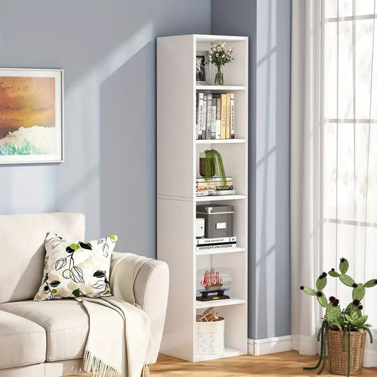 NNETMLT 6-tier white cube display shelves in a home office setting, showcasing books and decor, contemporary style, 70.9 inches tall.