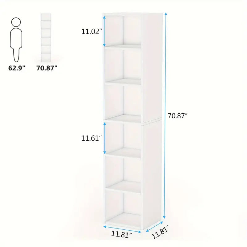 NNETMLT 6-Tier White Cube Display Shelves, 70.9 Inches Tall, Narrow Contemporary Bookcase for Home Office, Affordable Quality Value Furniture