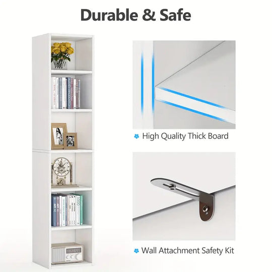 6-Tier white cube display shelf with high-quality thick board and wall attachment safety kit for durability and safety