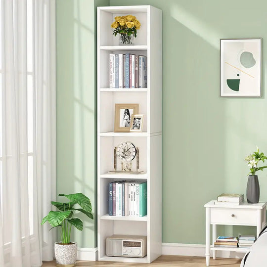 NNETMLT 6-Tier White Cube Display Shelves in Home Office, 70.9-inch tall, value furniture for affordable and quality storage.