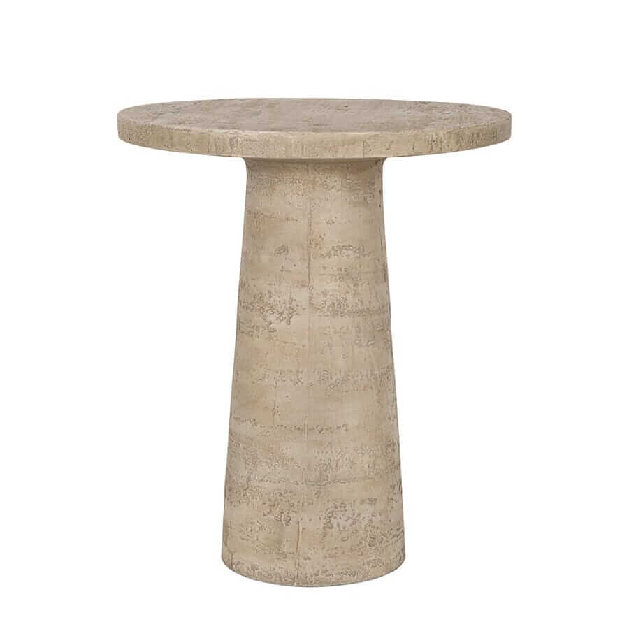 LOGAN CEMENT ROUND SIDE TABLE in a modern design, showcasing a luxe cement texture, perfect for affordable home decor.