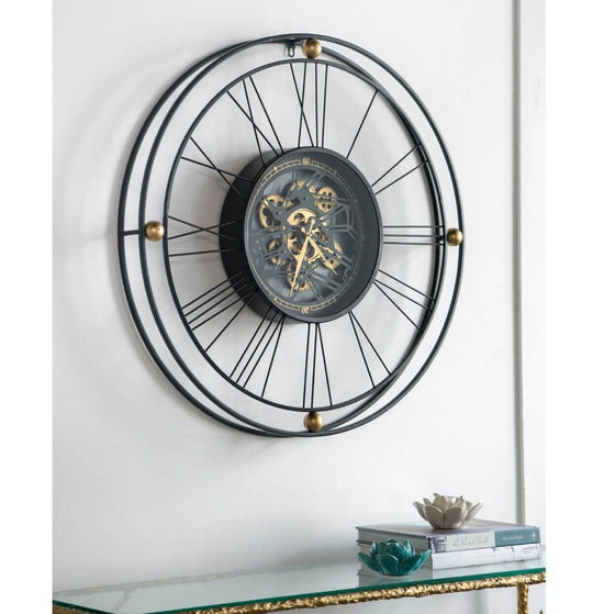 Affordable traveler wall clock with moving 3D mechanism, oversized Roman numerals, perfect for minimal or industrial decor.