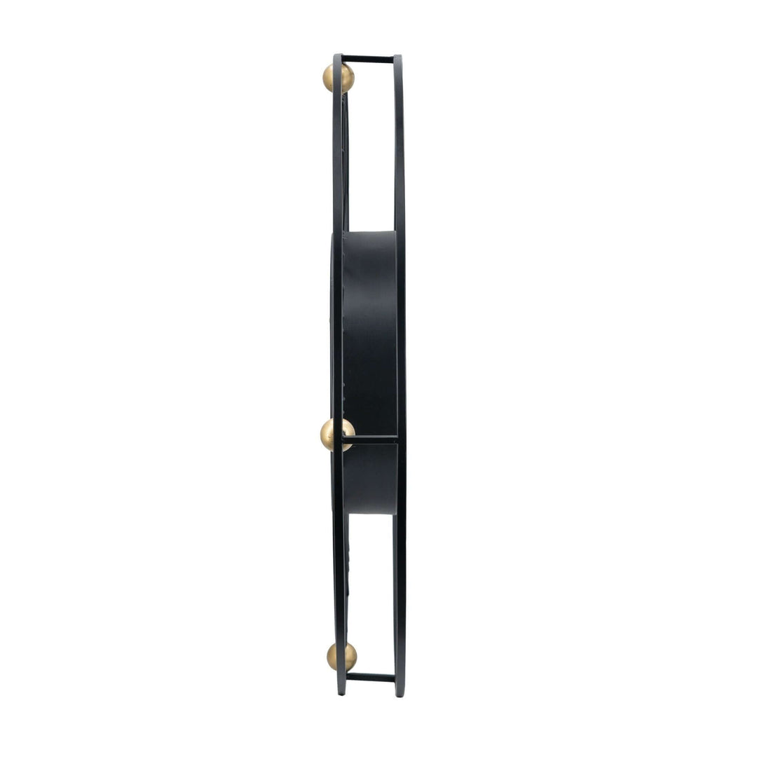 side view of Traveler Wall Clock with moving 3D mechanism, showcasing black frame and gold accents for a modern look.