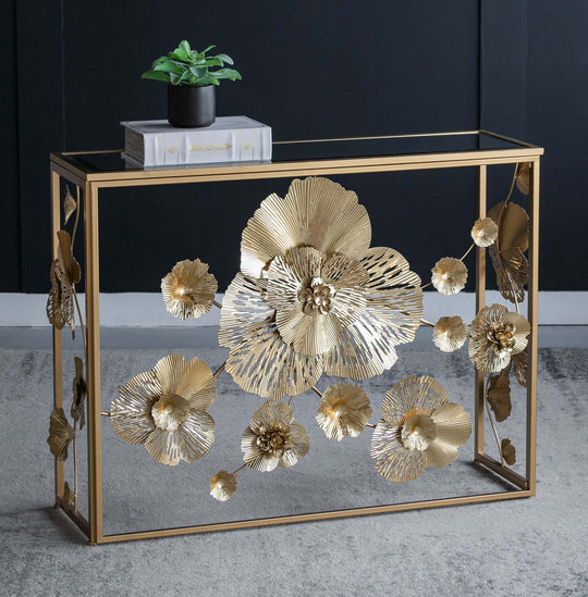 Floret Mirrored Console Table with gold floral accents and glass top, perfect for affordable luxe decor in Art Deco style.