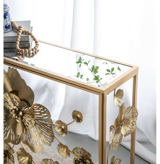 Floret mirrored console table with gold metal frame and floral design, perfect for affordable luxe home decor.