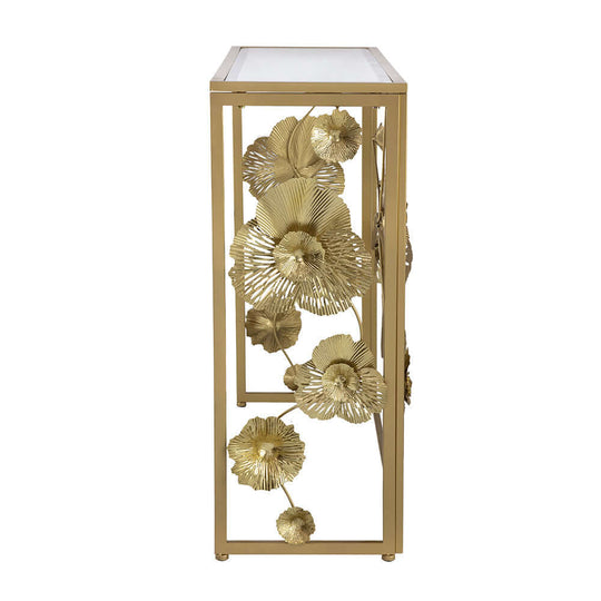 Affordable luxe mirrored console table with gold floral design, perfect for Art Deco interiors and DIY home decor.