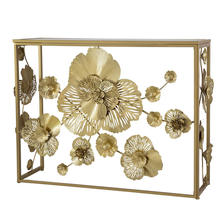 Floret Mirrored Console Table with gold floral accents, perfect for affordable luxe Art Deco interiors.