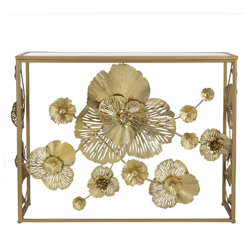 Floret Mirrored Console Table with gold floral design, perfect for affordable luxe Art Deco interiors.