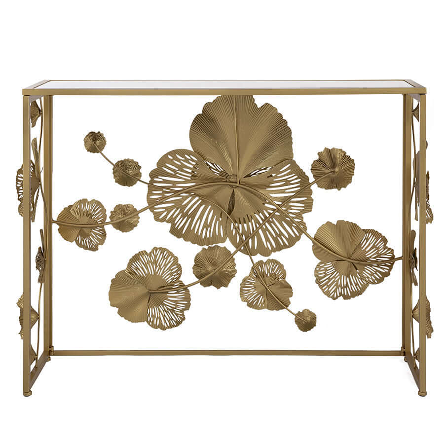 Affordable luxe Floret mirrored console table with gold metal structure and intricate floral design. Quality Art Deco furniture piece.