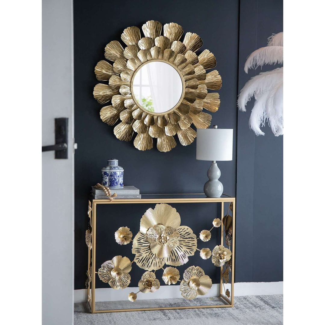 Luxurious gold mirrored console table with floral design, complementing an elegant home décor setup. Affordable quality for DIY projects.