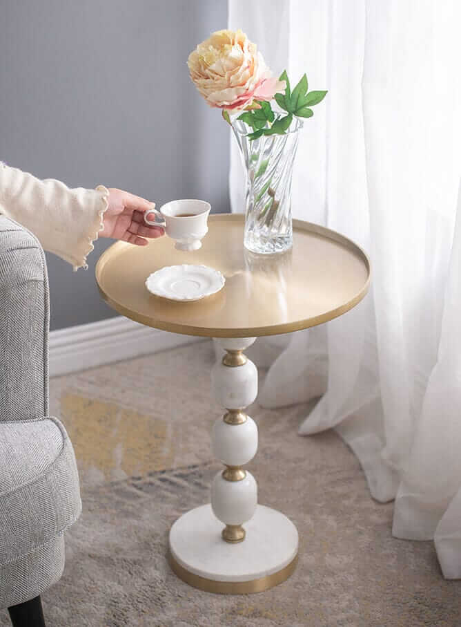 Handcrafted JESICCA marble and aluminum side table, stylish decor with flowers and coffee cup, affordable luxury for any space.