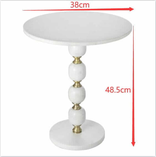 White side table with gold accents, 38cm top diameter and 48.5cm height, ideal for home decor and DIY projects. Affordable luxe design.