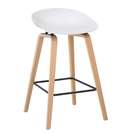 Affordable white bar stool with timber veneer legs and curved plastic seat for stylish DIY dining.