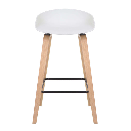 Comfy white bar stool with timber veneer frame, modern design, affordable quality seating for kitchens or bars.