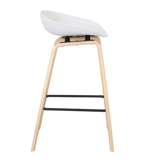 Stylish white comfy bar stool with timber veneer frame, perfect for affordable and luxe DIY dining spaces.