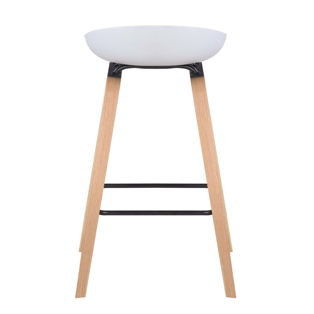 Affordable white bar stool with timber veneer legs, modern design for stylish dining and kitchen setups. Quality and comfort combined.