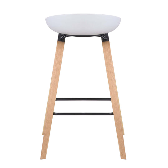 Affordable white bar stool with timber veneer legs, modern design for stylish dining and kitchen setups. Quality and comfort combined.