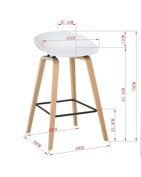 Comfy bar stool in white with timber veneer frame, dimensions included for DIY and affordable decor solutions.