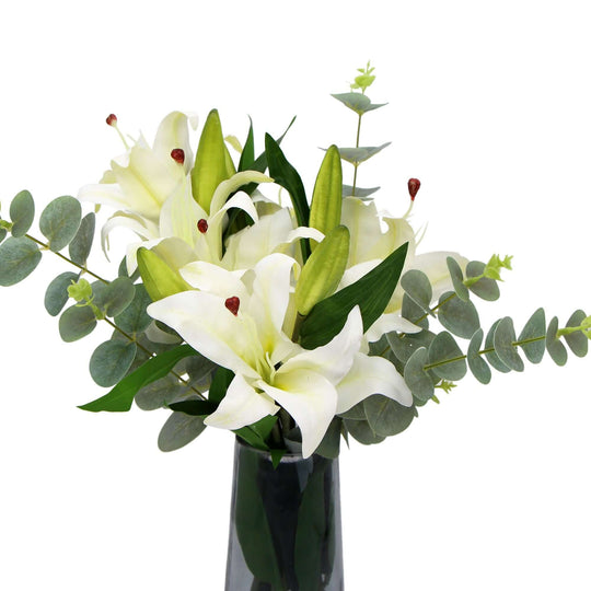 DSZ Product, feed-cond-new, feed-sl-DSZ Freight Payable, newPremium Faux White Lily In Glass Vase (Tiger Lily Bouquet With Eucalyptus) - Premium Home & Garden > Artificial Plants > Artifical Flowers & Plants from Designer Plants ! Shop Online Buy Now at S & D's Value Store Family Business Best Customer ServiceDSZ Product, feed-cond-new, feed-sl-DSZ Freight Payable, new