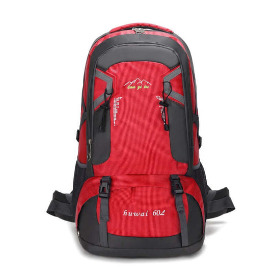 Large 60L red waterproof hiking backpack for travel and camping, featuring multiple compartments and ergonomic design.