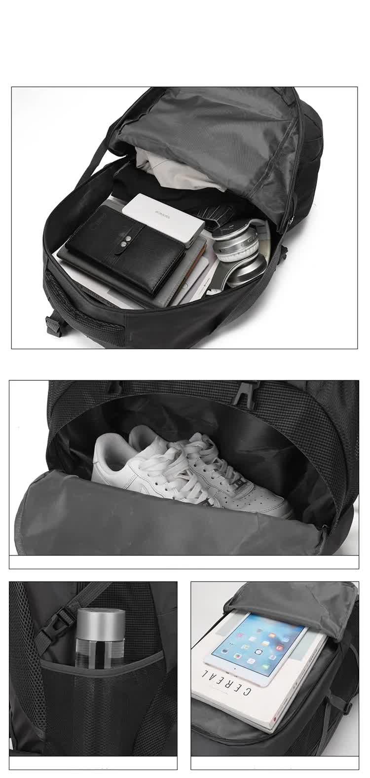 Large 60L backpack showing organized compartments with shoes, tech, and essentials for travel and outdoor adventures.