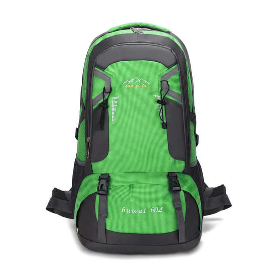 Large 60L green waterproof hiking backpack for camping and outdoor adventures, featuring durable design and multiple compartments.