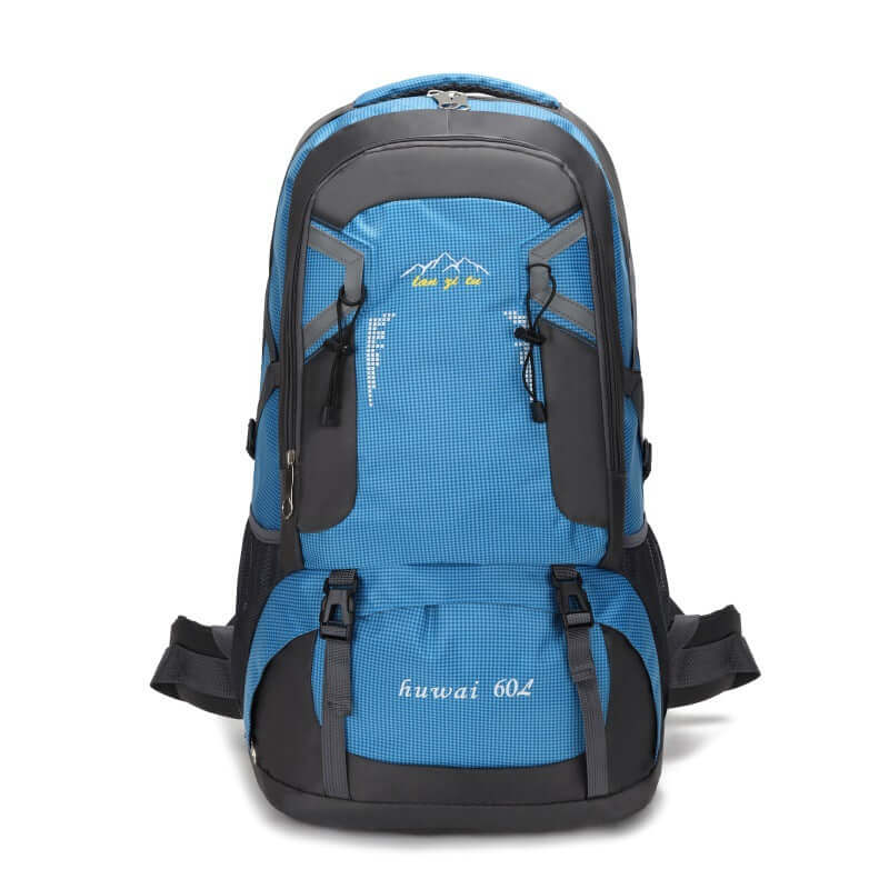 Large 60L blue waterproof hiking backpack for travel and camping, featuring durable and lightweight design.