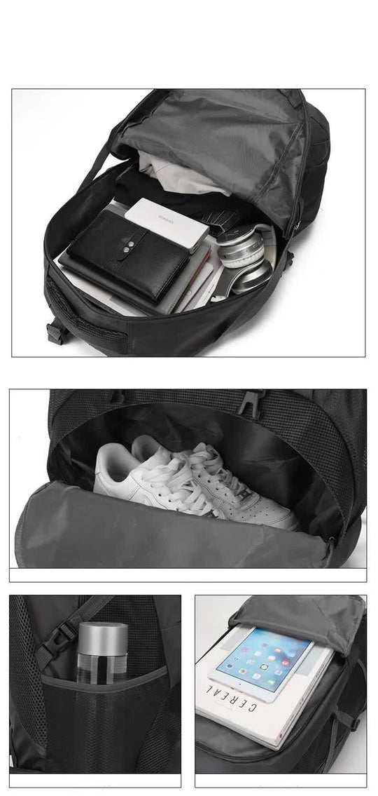 Interior view of a spacious black backpack showing organized storage for shoes, a tablet, and other essentials.