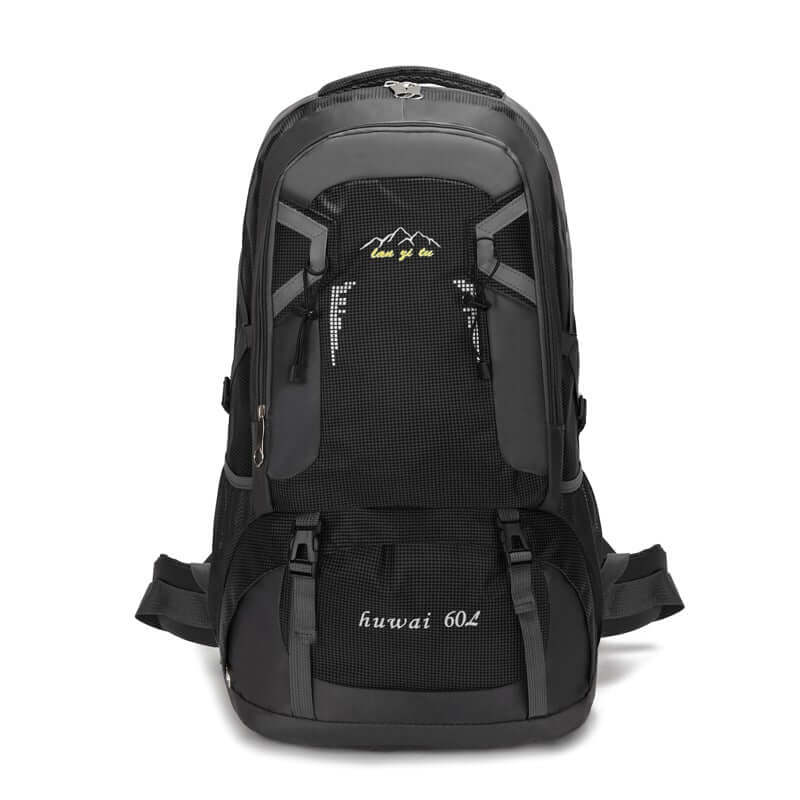 Large 60L black waterproof hiking backpack, perfect for travel and outdoor adventures with durable, ergonomic design.