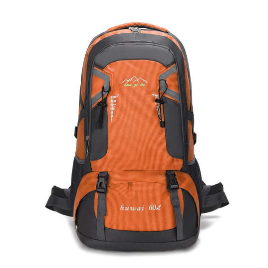 Large 60L orange waterproof hiking backpack for travel and outdoor adventures, featuring multiple compartments and durable material.