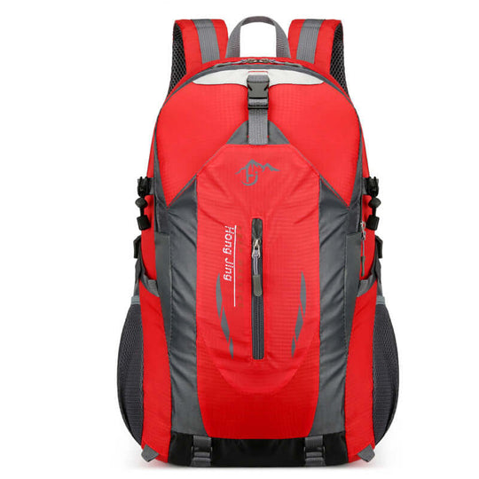 Red waterproof hiking backpack with adjustable straps and multi-compartment design for travel and camping. Affordable quality gear.