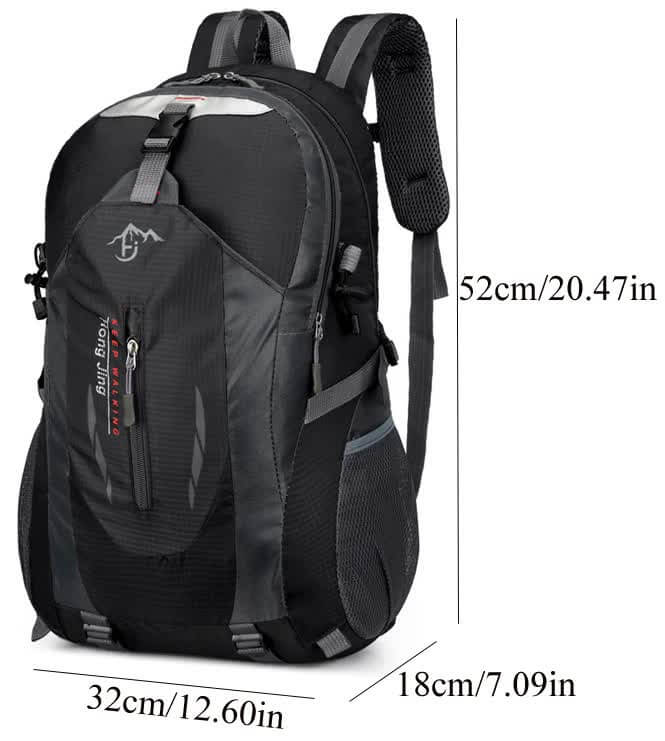 Black waterproof hiking backpack with adjustable straps, multiple compartments, and dimensions 52x32x18 cm for outdoor adventures.