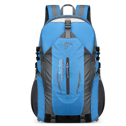 Blue lightweight waterproof hiking backpack with multi-compartment design and adjustable straps for camping and travel.