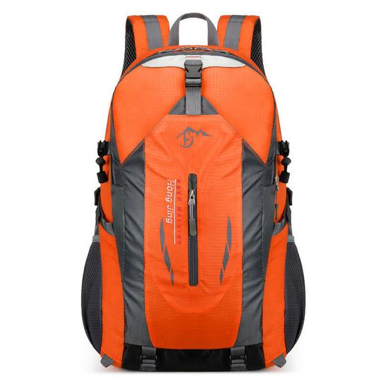 Orange lightweight waterproof hiking backpack with multiple compartments for travel and camping convenience.