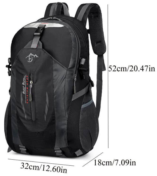 Black waterproof hiking backpack with adjustable straps, featuring multiple compartments for organized outdoor travel.