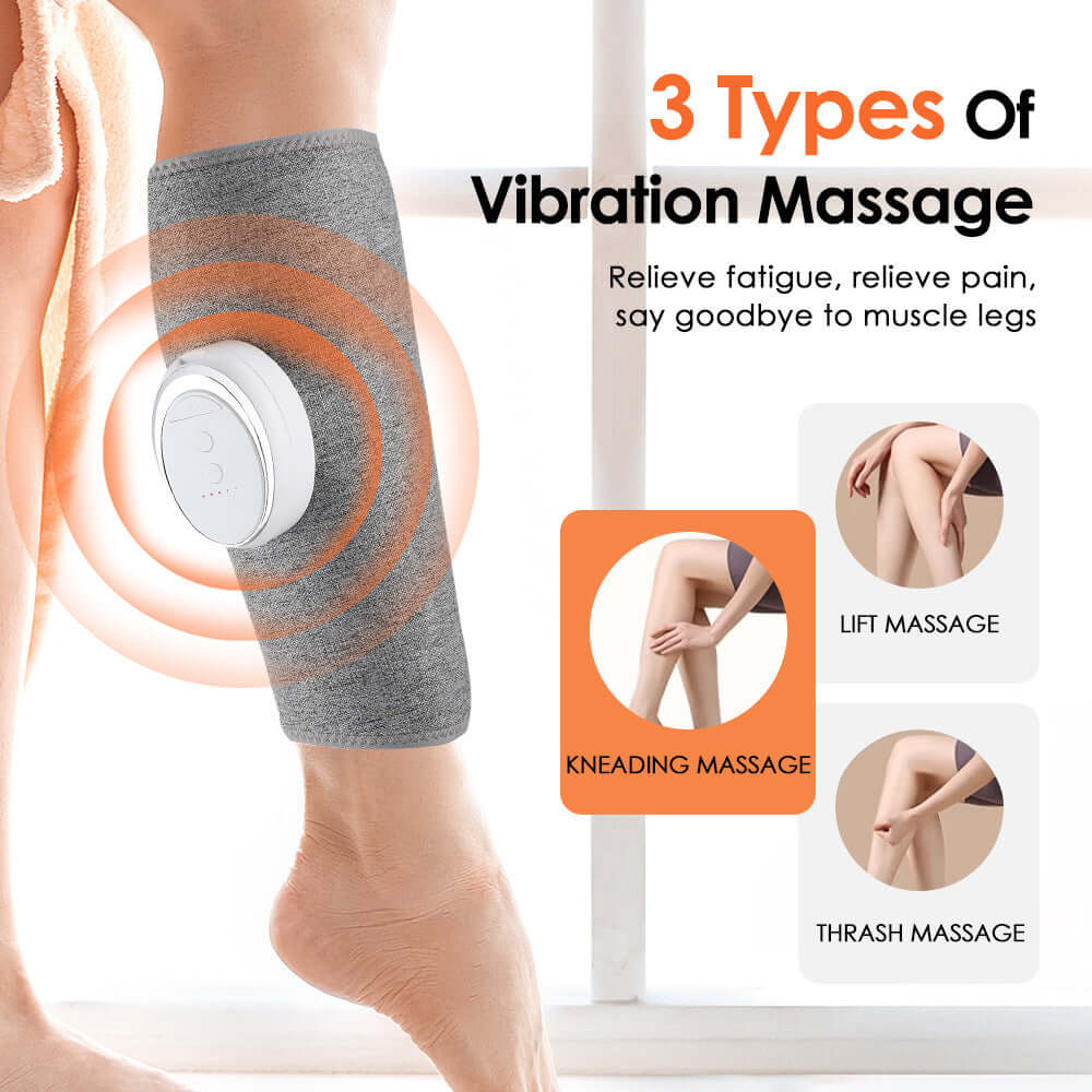 Rechargeable leg massager showcasing 3 vibration modes: lift, kneading, and thrash massage for pain relief and relaxation.