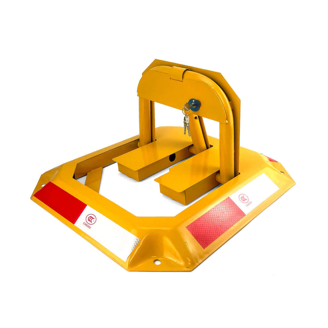 Affordable lockable parking barrier for vehicle security, designed for easy installation and protection.