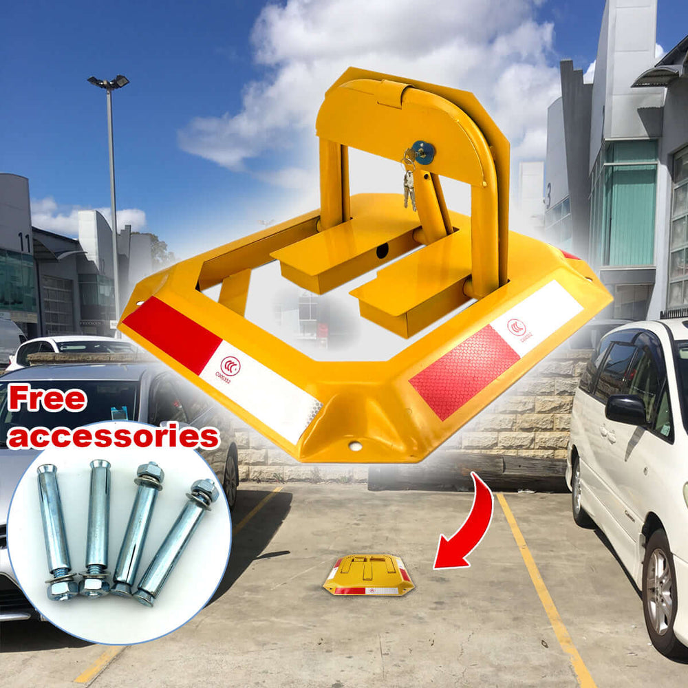 Foldable rectangle lockable parking barrier with free accessories, perfect for affordable vehicle security.