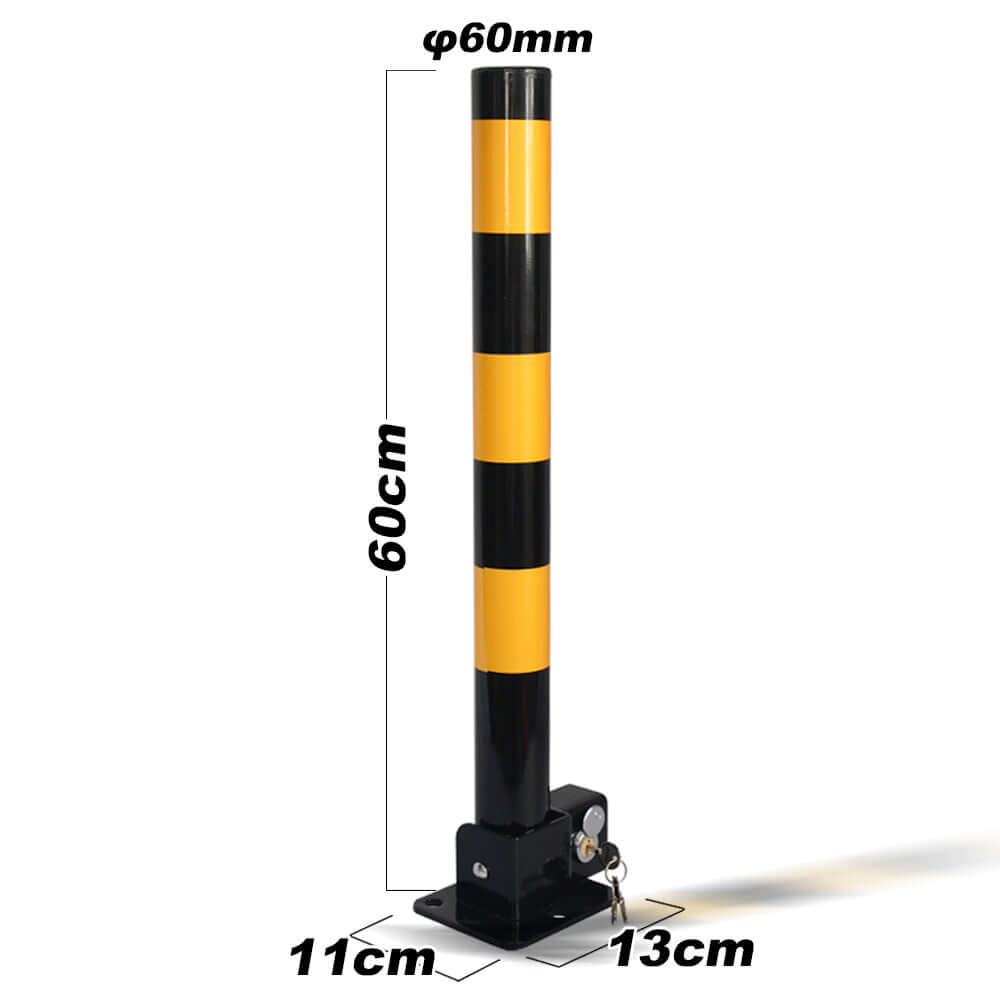 Fold down black and yellow vehicle security parking lock with dimensions 60cm height, 60mm diameter, and robust metal construction.