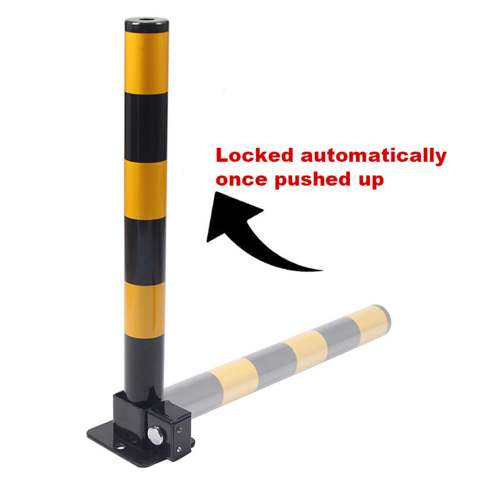 Heavy duty foldable vehicle security post with yellow and black stripes, locks automatically when lifted for added safety.