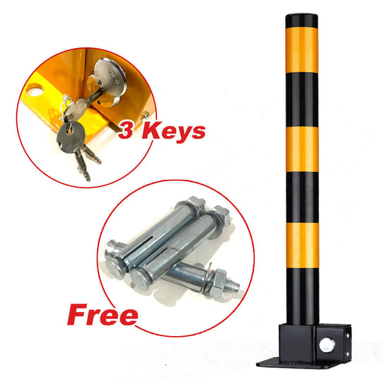 Fold down vehicle security bollard with black-yellow stripes, includes 3 keys and free bolts for easy installation.