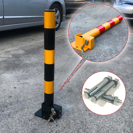 Fold down vehicle security parking lock bollard in black and yellow, ideal for DIY safety solutions. Affordable, quality barrier.