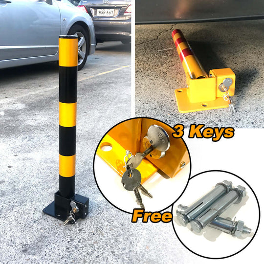 Fold down vehicle security lock with keys, ideal for DIY use; strong, affordable black and yellow bollard barrier.