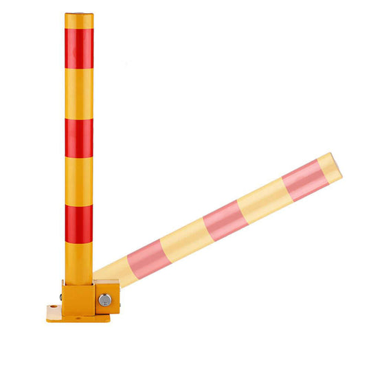 Fold down vehicle security bollard barrier in red and yellow, ideal for affordable DIY car protection.