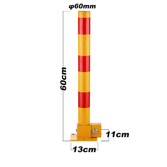 Foldable vehicle security bollard in red and yellow, durable steel construction for DIY car parking safety.