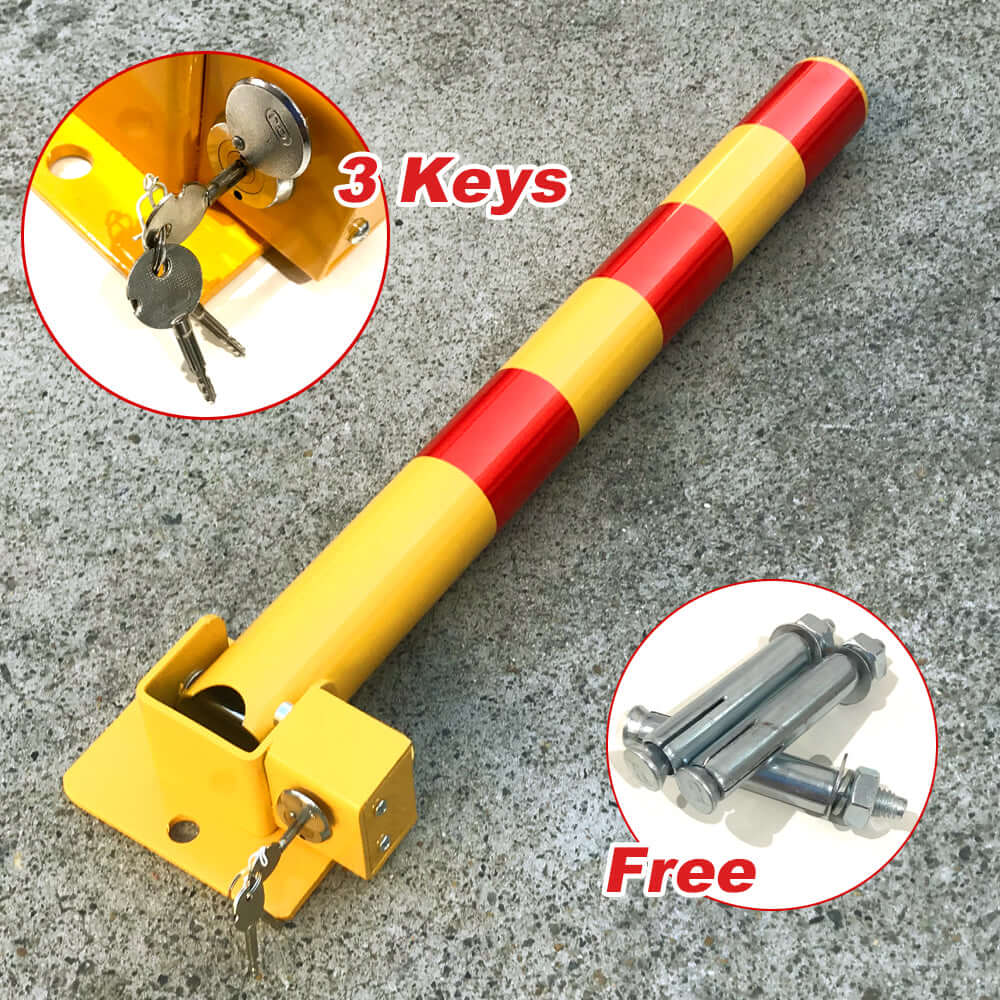 Fold down security bollard in red and yellow with 3 keys, offering affordable car protection and easy DIY installation.