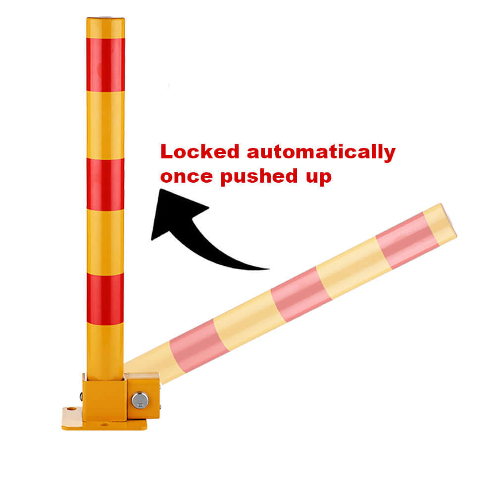 Fold down vehicle security barrier in yellow and red, locks automatically when pushed up, enhancing parking safety.