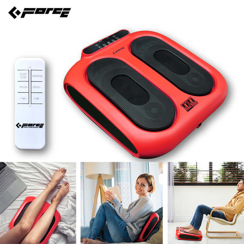 Red foot massager with remote control, offers pain relief and improved circulation; features 10 speed levels and 5 programs.